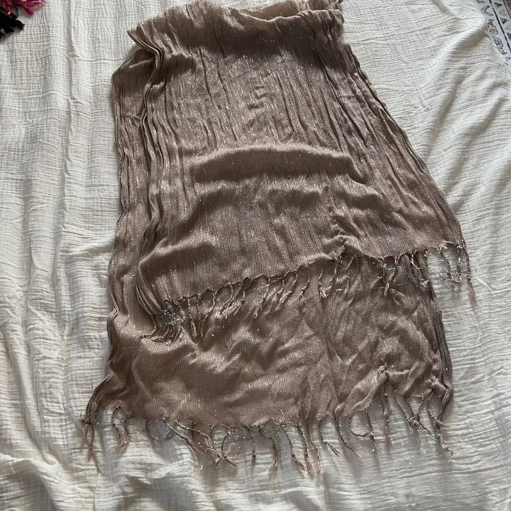Y2K party Scarf Shimmer Metallic Rose Gold Boho Fringe Wrap Lightweight Crinkle